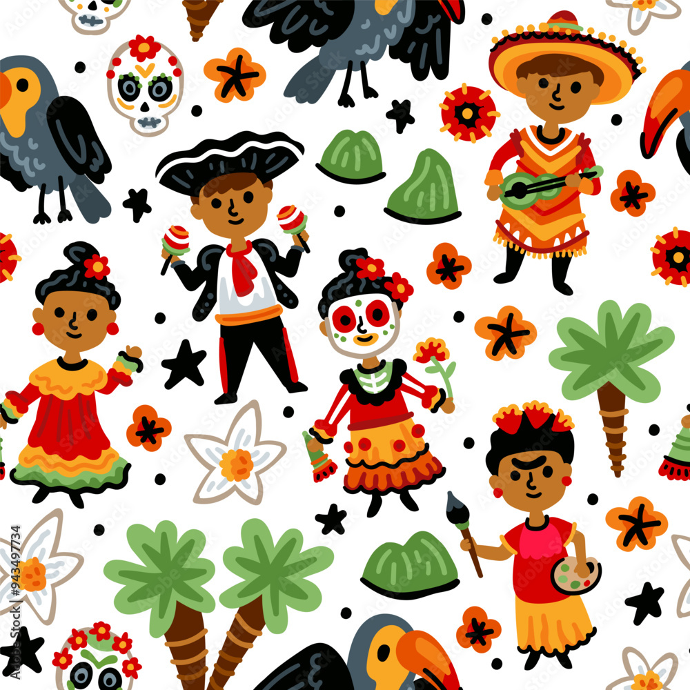 Naklejka premium Bright cheerful children seamless vector pattern with symbols of Mexico. Mexican, cactus, toucan, national costumes, flowers. Latin America landmarks. Childish travel background