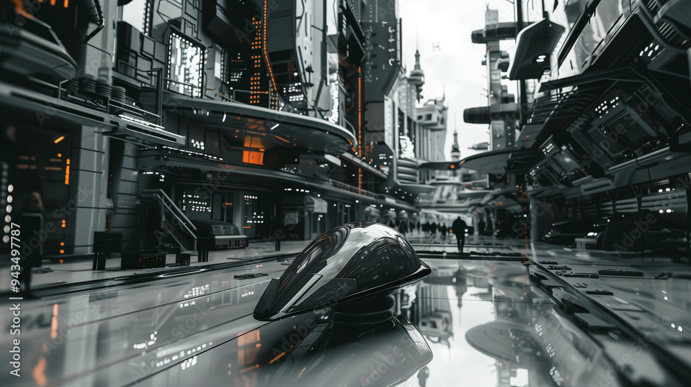 Obraz premium A sleek hovering vehicle in a futuristic cityscape with advanced architecture and neon lighting, showcasing a sci-fi atmosphere