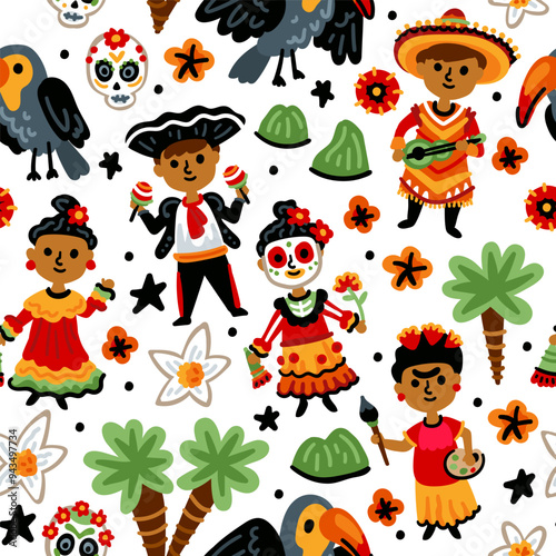 Bright cheerful children seamless vector pattern with symbols of Mexico. Mexican, cactus, toucan, national costumes, flowers. Latin America landmarks. Childish travel background