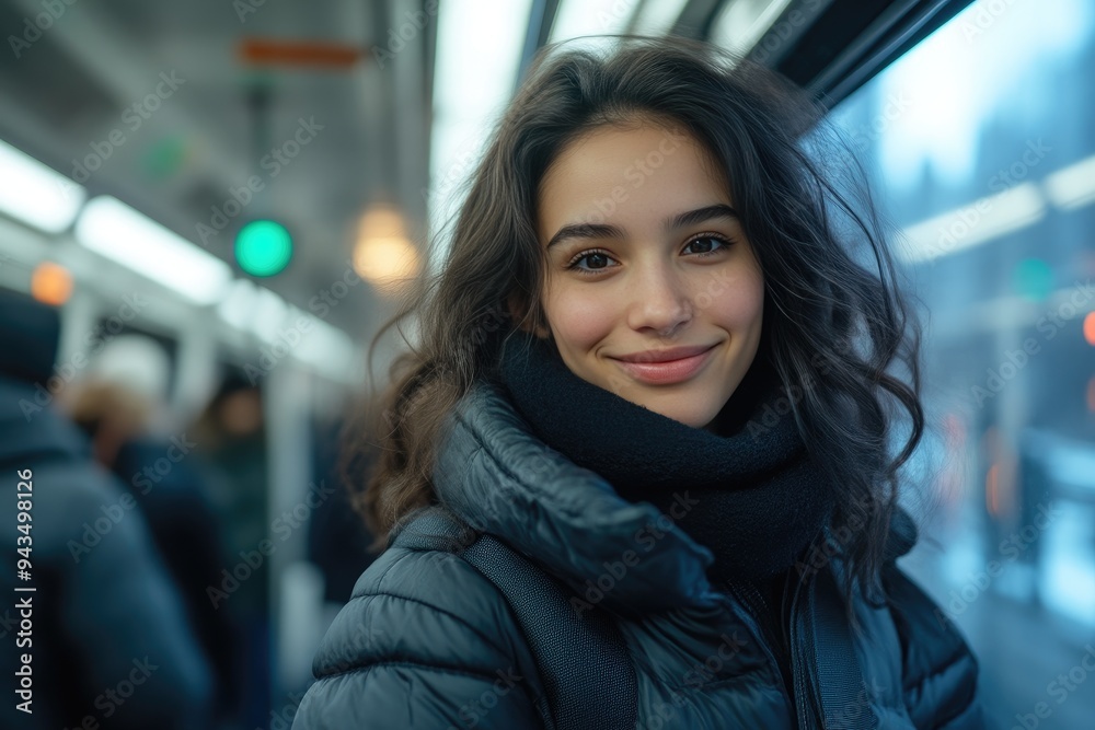 Contemplative Woman Smiling Amidst Urban Subway Environment Contemplative Woman Smiling Amidst Urban Subway Environment