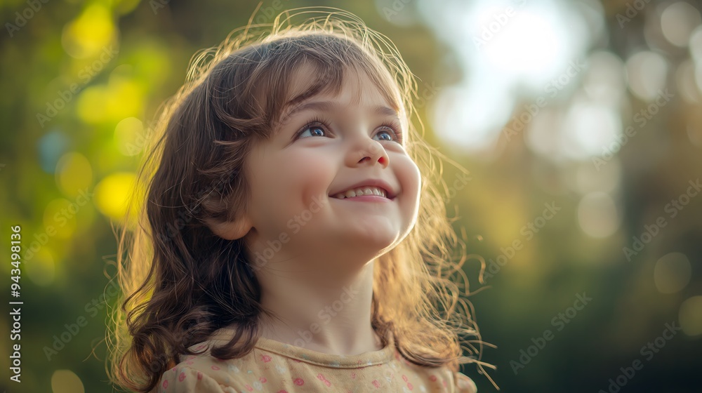 Little Dreamer: A young girl with captivating brown eyes gazes up at the sky, her smile radiating pure joy and wonder. The warm sunlight bathes her face in a golden glow, capturing the innocence Little Dreamer: A young girl with captivating brown eyes gazes up at the sky, her smile radiating pure joy and wonder. The warm sunlight bathes her face in a golden glow, capturing the innocence