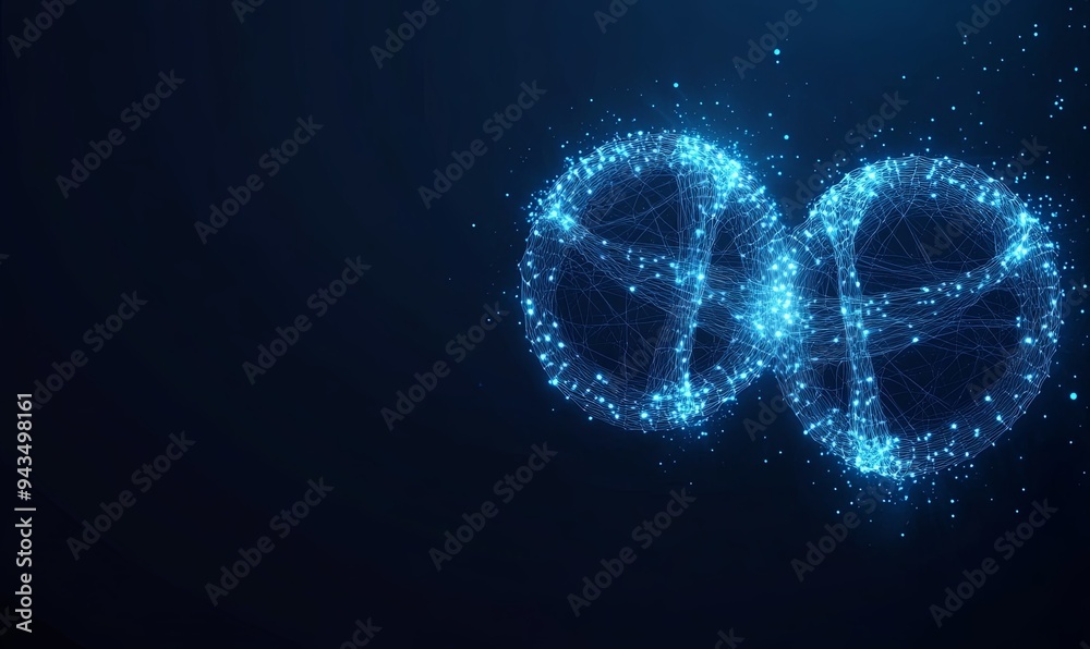 Abstract DNA double helix structure made of glowing blue particles against a dark blue background. Abstract DNA double helix structure made of glowing blue particles against a dark blue background.