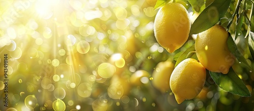 Obraz na płótnie Ripe lemons on a tree branch in a sunny garden with space for image insertion. Creative banner. Copyspace image w salonie