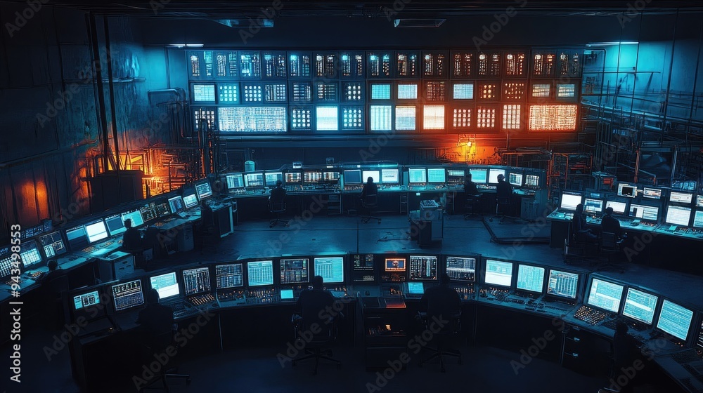Control room operators working in a high-tech environment, monitoring an illuminated industrial facility at night through large windows and multiple screens.. Control room operators working in a high-tech environment, monitoring an illuminated industrial facility at night through large windows and multiple screens..