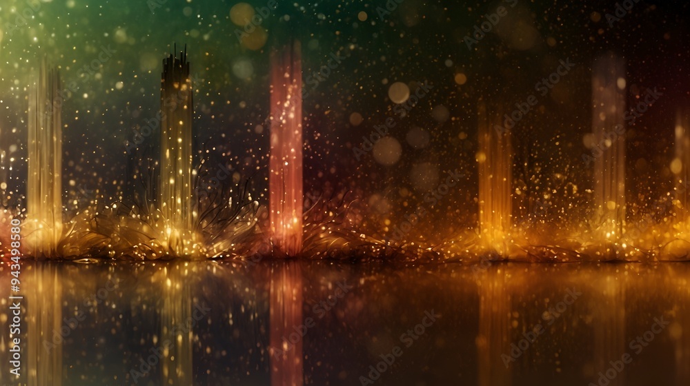 Illuminated Towers of Light: Glowing Columns Reflecting in a Mystical Golden Landscape Illuminated Towers of Light: Glowing Columns Reflecting in a Mystical Golden Landscape