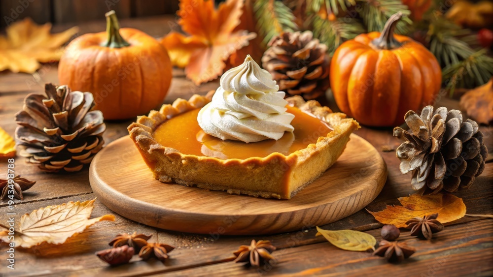 Softly focused warm beige toned background highlights artfully imperfect warm pumpkin pie with crumbly crust and dollops of whipped cream surrounded by scattered autumnal leaves and pinecones. Softly focused warm beige toned background highlights artfully imperfect warm pumpkin pie with crumbly crust and dollops of whipped cream surrounded by scattered autumnal leaves and pinecones.