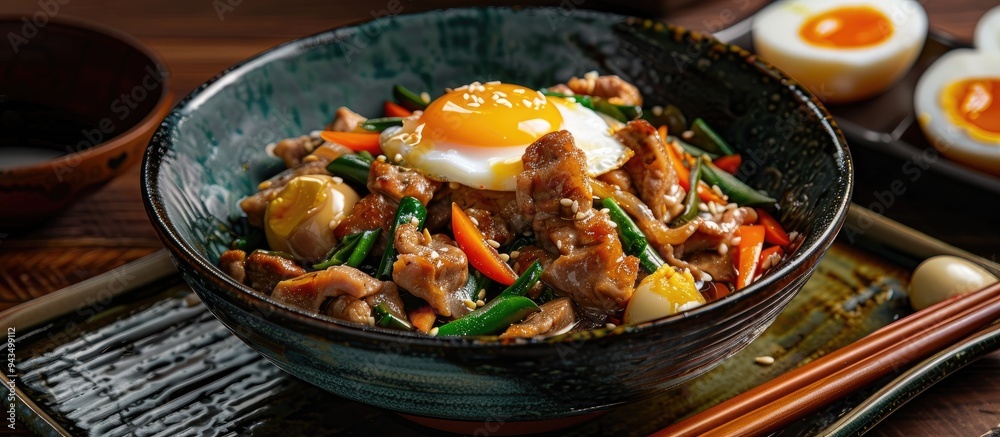 Pork and eggs cooked in soy sauce create a flavorful dish with a rich savory taste ideal for showcasing in a copy space image Pork and eggs cooked in soy sauce create a flavorful dish with a rich savory taste ideal for showcasing in a copy space image