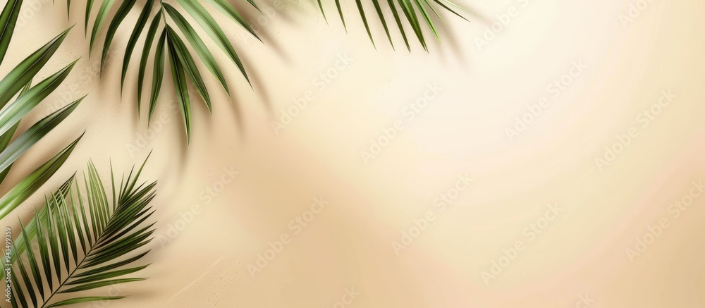 Beige background with tropical palm leaves is shown in an empty room providing a minimal abstract background for a cosmetic product s presentation with copy space image Beige background with tropical palm leaves is shown in an empty room providing a minimal abstract background for a cosmetic product s presentation with copy space image