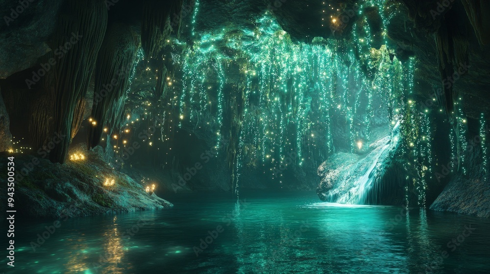 mystical cave illuminated by bioluminescent plants and fungi. mystical cave illuminated by bioluminescent plants and fungi.