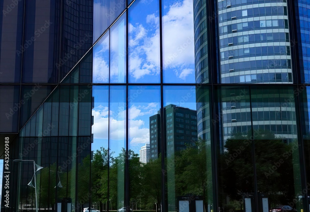 Obraz premium Looking Up modern high-rise office buildings with blue sky in the background, ai