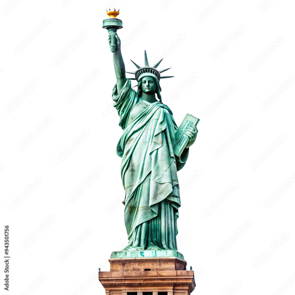 Fototapeta premium The Statue of Liberty, standing tall with its torch held high, set against a transparent background, representing freedom and the spirit of America