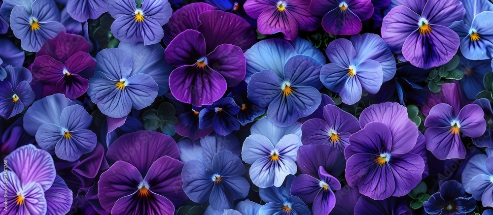 A close up of purple and violet pansies and tricolor viola flowers in a flowerbed creates a charming copy space image with a unique background texture A close up of purple and violet pansies and tricolor viola flowers in a flowerbed creates a charming copy space image with a unique background texture