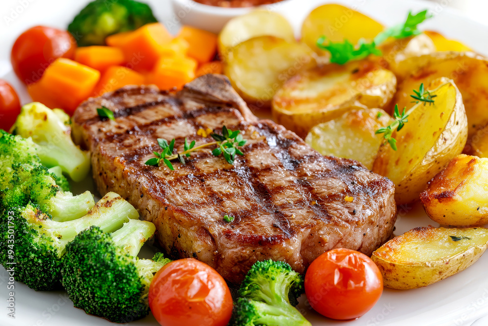 Grilled Steak with Vegetables on White Plate Grilled Steak with Vegetables on White Plate