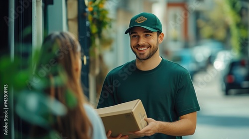 Happy Customer Takes Package from Delivery Service