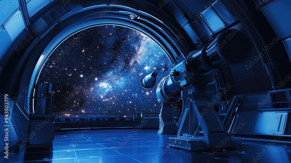 Interior of a modern observatory featuring large telescopes, set against a breathtaking backdrop of a starry night sky.. Interior of a modern observatory featuring large telescopes, set against a breathtaking backdrop of a starry night sky..