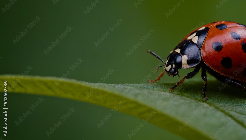 Fototapeta premium A ladybug sitting on top of a green leaf. Close-up