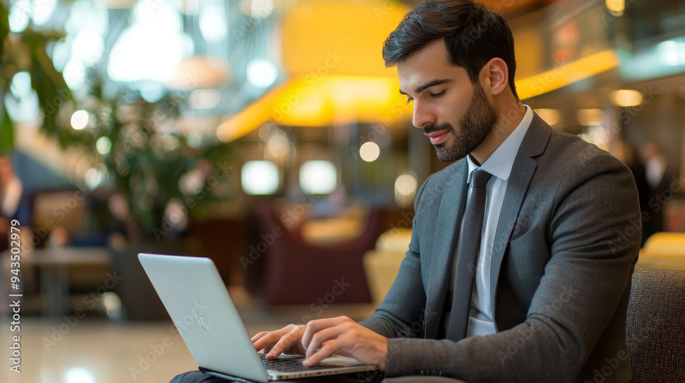 Businessman working on a laptop at an airport lounge Businessman working on a laptop at an airport lounge