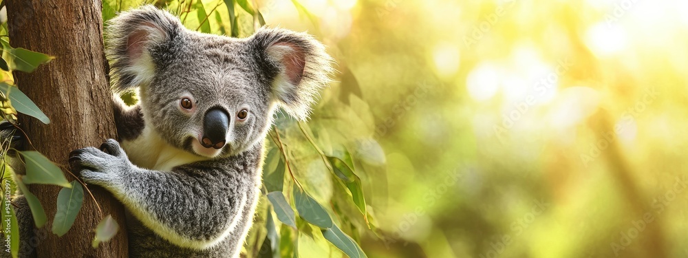 Fototapeta premium Close-up of a koala holding onto a tree, surrounded by lush green leaves, highlighting its natural habitat in Australia..