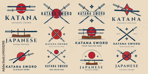 set katana sword logo design vector line art illustration, icon culture japanese design graphic