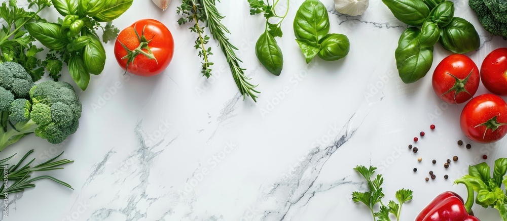 Fresh vegetables fruits and herbs arranged on a white marble surface providing a vegetarian friendly protein source with copy space image Fresh vegetables fruits and herbs arranged on a white marble surface providing a vegetarian friendly protein source with copy space image
