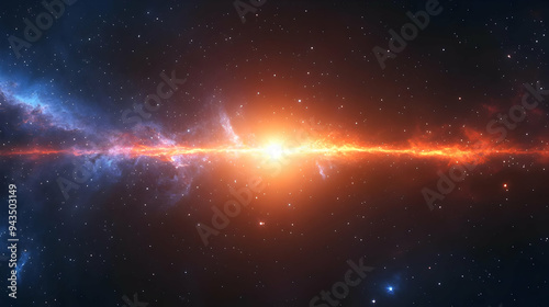 A bright, blazing star explodes in the center of the galaxy surrounded by sparkling nebula clouds.