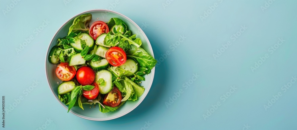 Fresh vegetable salad in a bowl with tomato and cucumber on a light blue backdrop perfect for a copy space image Fresh vegetable salad in a bowl with tomato and cucumber on a light blue backdrop perfect for a copy space image
