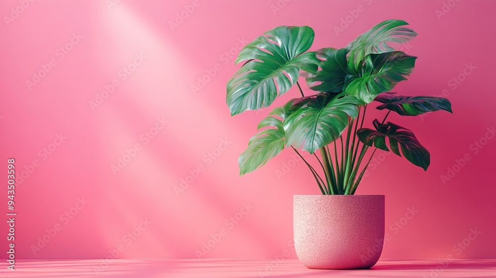 Monstera Leaf in Modern Pot, Bright and Clean Studio Setting Monstera Leaf in Modern Pot, Bright and Clean Studio Setting