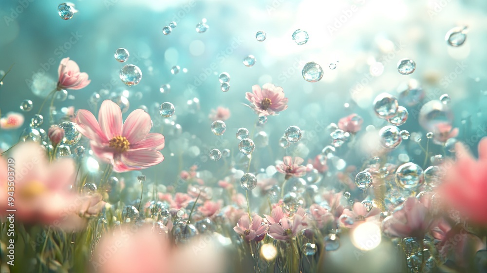 3D rendering of a spring flower landscape with delicate water bubbles floating above, creating an abstract and ethereal atmosphere. 3D rendering of a spring flower landscape with delicate water bubbles floating above, creating an abstract and ethereal atmosphere.