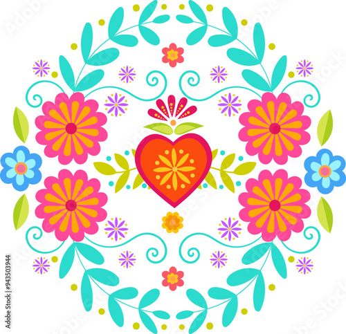 Vibrant decoration element with flowers. Detailed Mexican folk art style. Use for banner, poster, invitation, greeting card, textile design
