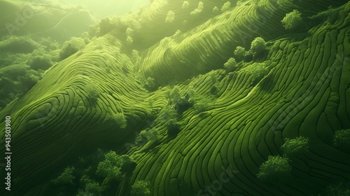 Lush green terraced fields with winding patterns under soft sunlight.