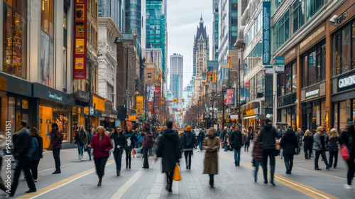 Busy urban street with people walking and shopping