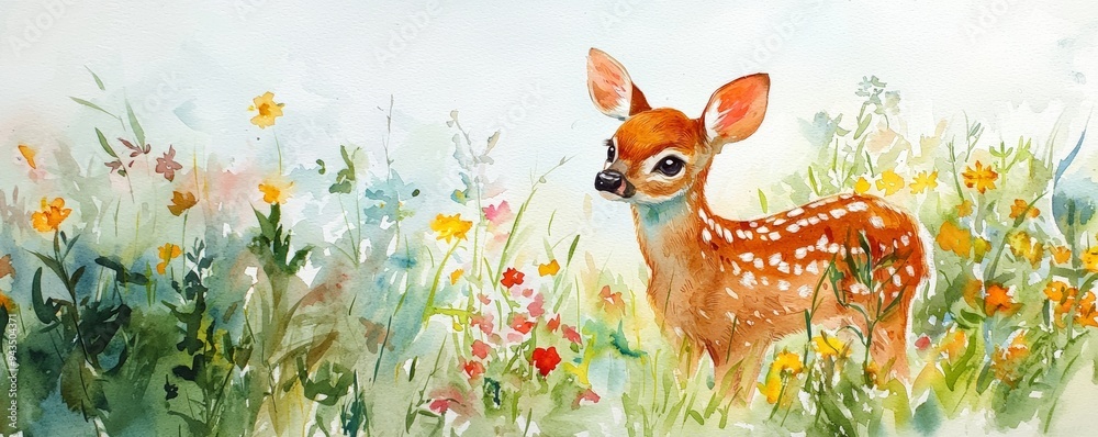 A charming watercolor illustration of a fawn amidst vibrant wildflowers, evoking a sense of tranquility and natural beauty. A charming watercolor illustration of a fawn amidst vibrant wildflowers, evoking a sense of tranquility and natural beauty.