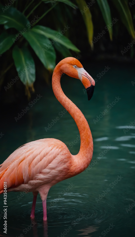 Fototapeta premium A flamingo is standing in a body of water