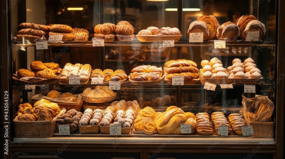 A bakeryaes glass showcase viewed from outside, displaying an assortment of warm bread, rolls, and cookies, inviting customers with its tempting array of baked goods A bakeryaes glass showcase viewed from outside, displaying an assortment of warm bread, rolls, and cookies, inviting customers with its tempting array of baked goods