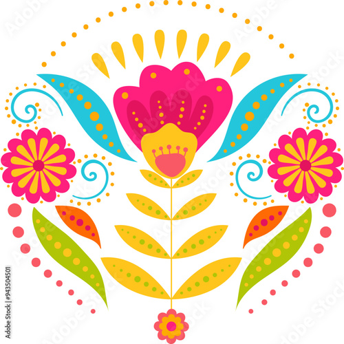 Folk art childish style vector flower composition. Use for banner, poster, invitation, greeting card, textile design