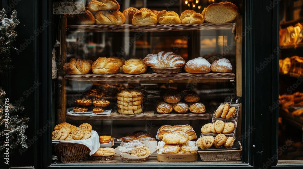 A bakery's glass window viewed from outside, showcasing warm bread, fluffy rolls, and freshly baked cookies, all arranged to entice with their golden crusts A bakery's glass window viewed from outside, showcasing warm bread, fluffy rolls, and freshly baked cookies, all arranged to entice with their golden crusts