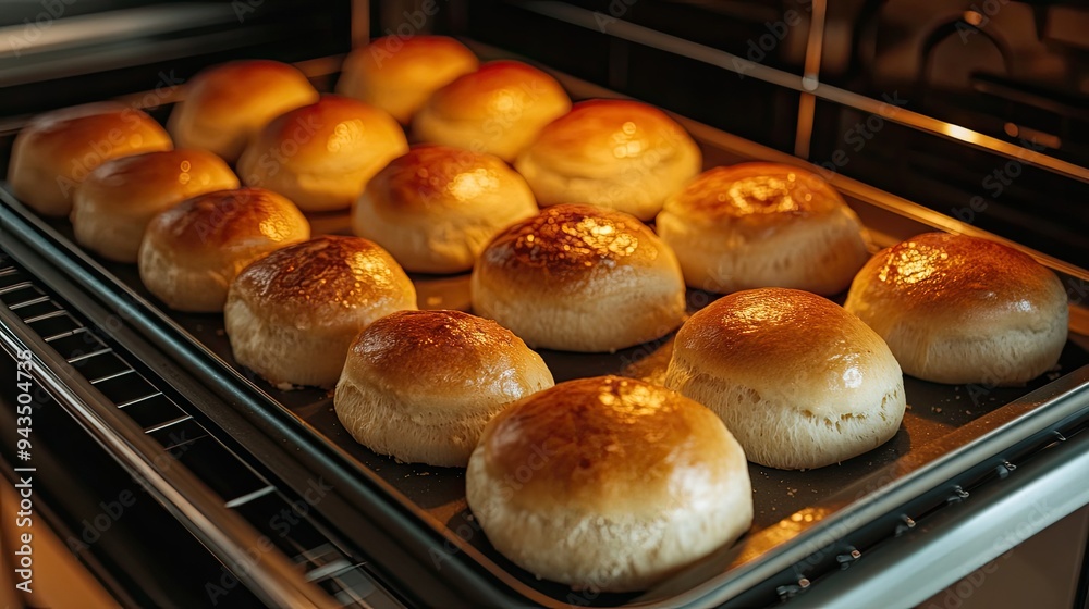 A baking sheet filled with homemade buns, their tops turning golden brown, inside a modern kitchen oven, perfect for everyday baking or special occasions A baking sheet filled with homemade buns, their tops turning golden brown, inside a modern kitchen oven, perfect for everyday baking or special occasions