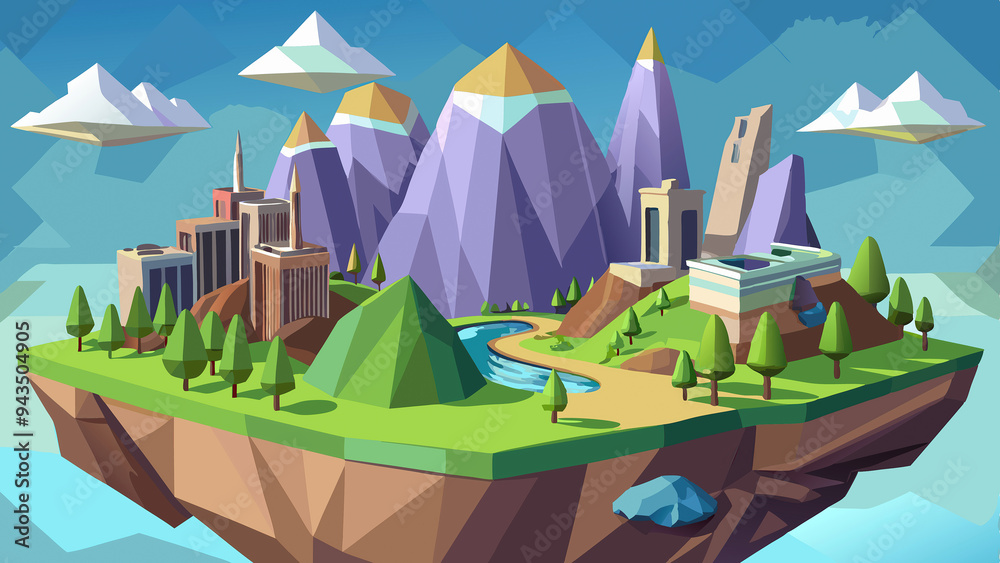 Fototapeta premium Low-poly cityscape with mountains and floating landscape