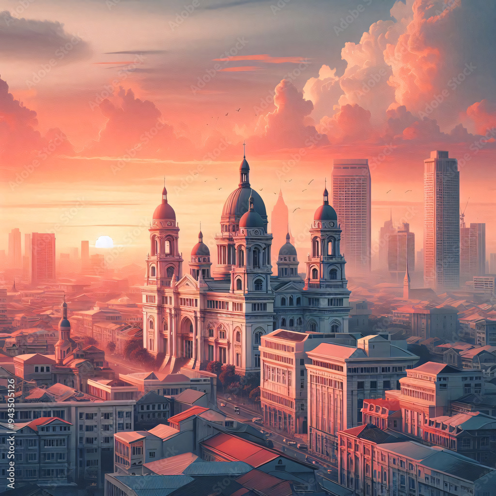 Fototapeta premium Sunset over a futuristic cityscape with iconic architecture