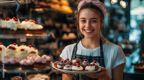 A beaming young woman in a cake shop, holding a plate of delicious pastries, surrounded by vibrant and colorful cakes on display