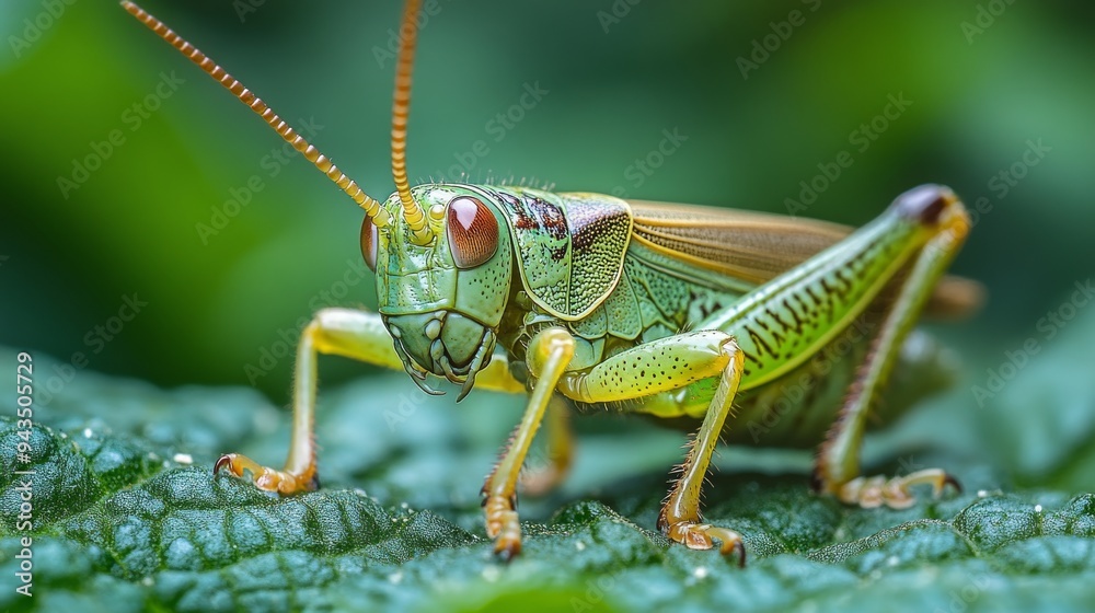 A detailed view of a grasshopper resting on lush green leaves, showcasing its intricate features and vibrant coloration. A detailed view of a grasshopper resting on lush green leaves, showcasing its intricate features and vibrant coloration.