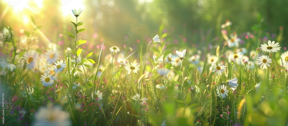 Summer meadow with wildflowers and grass under sunlight creating a nature aesthetic with wild growth and white blossoms ideal for a copy space image Summer meadow with wildflowers and grass under sunlight creating a nature aesthetic with wild growth and white blossoms ideal for a copy space image