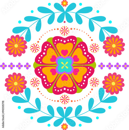 Traditional Mexican floral composition. Floral round design, isolated decoration element. Use for banner, poster, invitation, greeting card, textile design