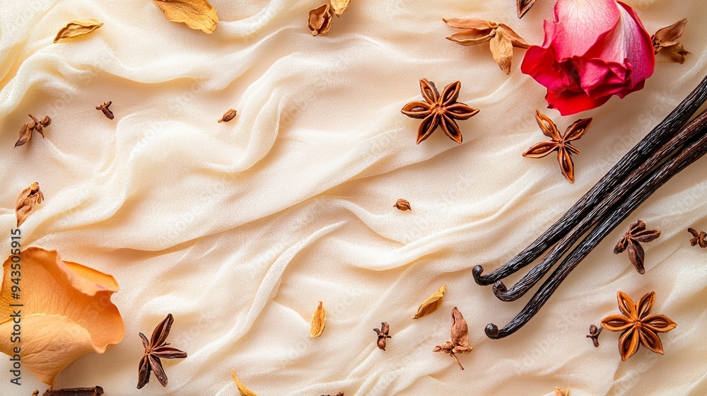 A flat lay image of vanilla beans, star anise, dried rose petals, and other spices on a cream-colored fabric background. A flat lay image of vanilla beans, star anise, dried rose petals, and other spices on a cream-colored fabric background.