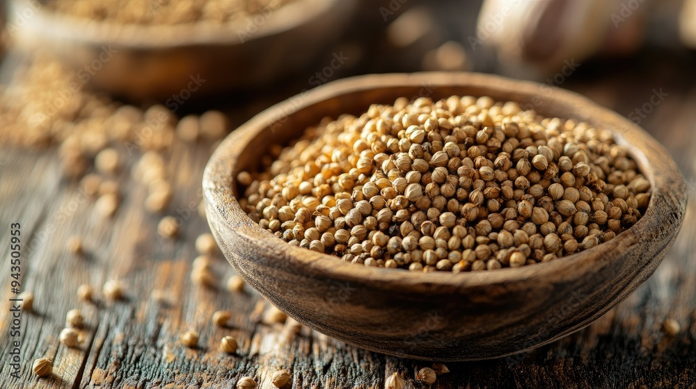 A bowl of dried coriander seeds, placed on a wooden table in a close-up shot. Warm tones and textures ideal for food-related visuals. A bowl of dried coriander seeds, placed on a wooden table in a close-up shot. Warm tones and textures ideal for food-related visuals.