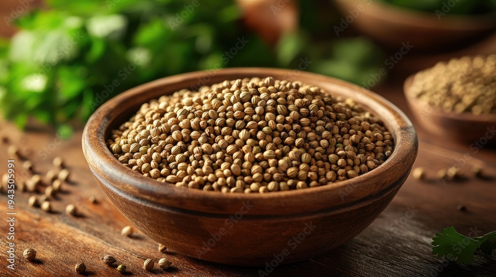 A bowl of dried coriander seeds, set on a wooden table in a close-up shot. Perfect for culinary and spice-themed visuals. A bowl of dried coriander seeds, set on a wooden table in a close-up shot. Perfect for culinary and spice-themed visuals.