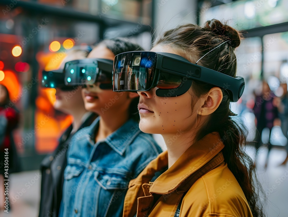 Groups of individuals engaging with virtual reality technology in a modern urban environment during the afternoon Groups of individuals engaging with virtual reality technology in a modern urban environment during the afternoon