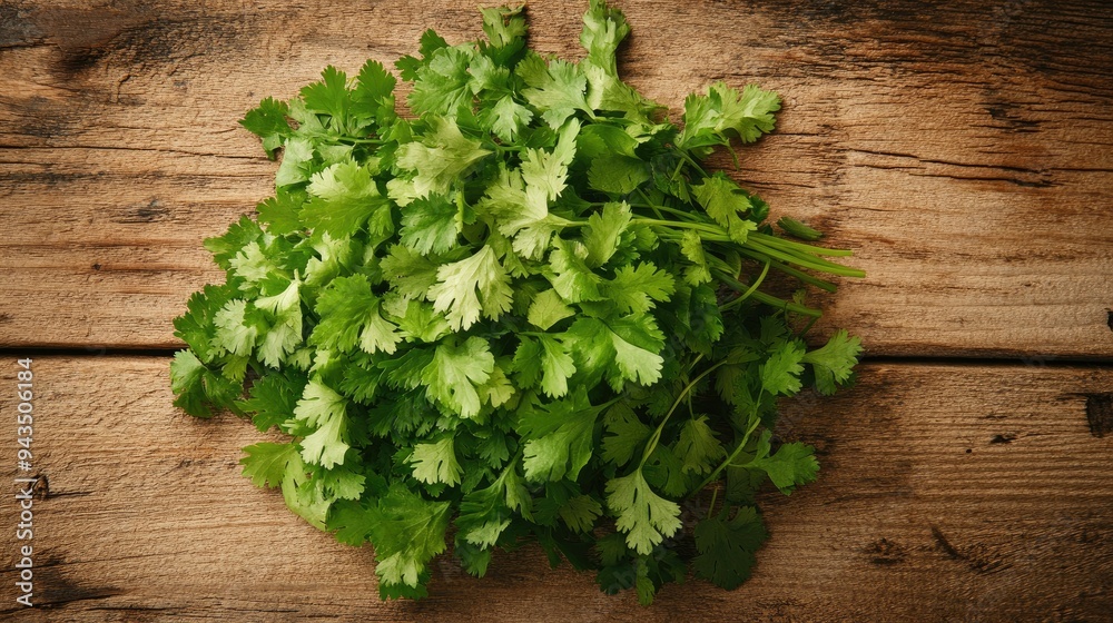 A bunch of fresh coriander leaves on a wooden table, top view, showcasing the vibrant greens of this essential herb. A bunch of fresh coriander leaves on a wooden table, top view, showcasing the vibrant greens of this essential herb.