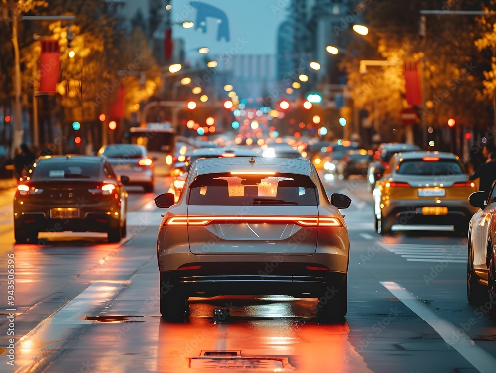 Cars driving on a busy urban street at dusk with vibrant city lights illuminating the road and surroundings Cars driving on a busy urban street at dusk with vibrant city lights illuminating the road and surroundings
