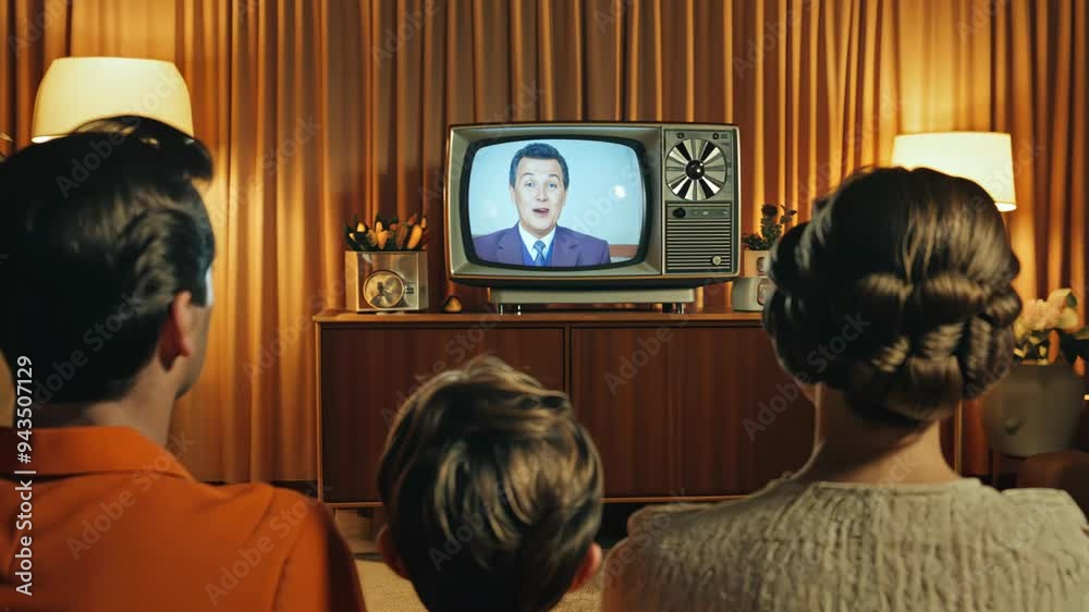 1960s Family Watching Television Show in Retro Living Room